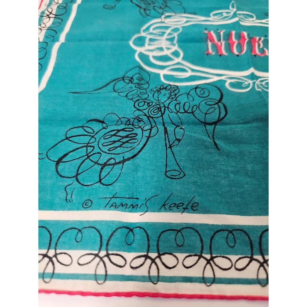 Vintage Tammis Keefe Noel‎ Angels Christmas Silk Scarf Teal Red Handkerchief